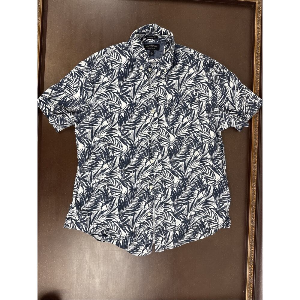 Banana Republic Organic Cotton L Hawaiian Leaves Short Sleeve Button Shirt Aloha